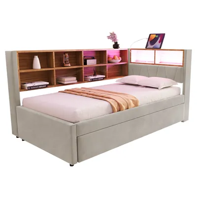 Immagine prodotto di Divano letto Abrihome 90×200 cm con letto estraibile e presa USB, letto imbottito con libreria e armadietto, grigio chiaro