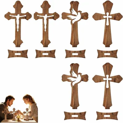 Productafbeelding van Olijfhouten Kruis - Wandkruis Vis - Decoratie Huis - Sacramentele Vormgeving - 6 Sets - Houtkleur