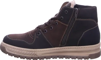 A side view of a brown and black men's boot.