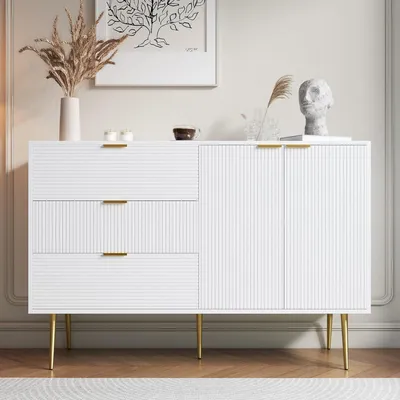 Produktbild von Sideboard, Wohnzimmerschrank mit Türen und Schubladen, Einlegeböden, Kommode mit goldenen Griffen und Beinen