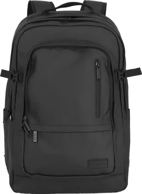 A black backpack is shown against a white background.