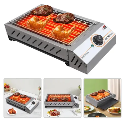 Image de Grill de table électrique - Grill électrique pour le balcon et le camping - Puissance de 2500 W - Boîtier en acier inoxydable - Réglage de la température de 50 à 300 °C - Surface de cuisson de 42,5 x 22 cm