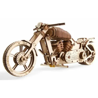 A 3D wooden model of a motorcycle.