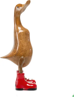 Produktbild von Handgefertigte Deko-Figur Ente mit roten Stiefeln aus Holz, ca 35cm