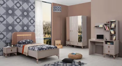 Produktbild von Kindermöbel Mädchen Kinderzimmer Bett Kinderbett Beige Holz Set 4tlg