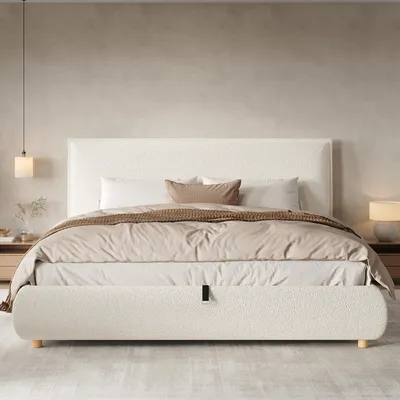Immagine prodotto di Letto imbottito 180 x 200 cm in Bouclé con vano contenitore con apertura idraulica, testiera imbottita, rete a doghe e gambe in legno massiccio, bianco