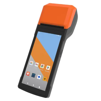 Zdjęcie produktu dla Inteligentny przenośny terminal PDA z drukarką paragonów, 5,5-calowy ekran dotykowy o wysokiej rozdzielczości, łączność bezprzewodowa, Android 13, wbudowany akumulator, zintegrowana drukarka paragonów POS, skaner kodów kreskowych, Orange