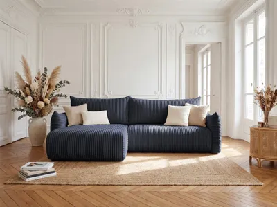 Productafbeelding van Eckbank met slaapfunctie, model MAILAND, bekleed met stof Tilia, donkerblauw, met een losse ottomaan aan de linkerkant