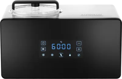 A close-up front view of a black and silver ice cream maker with a digital display.
