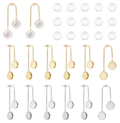 Image de Lot de boucles d'oreilles - 12 supports plats ronds à double face avec 24 cabochons en verre - Fabrication de bijoux - 2 couleurs