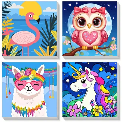 Image de Kit de peinture par numéros pour enfants, 4 animaux avec cadre, 20x20 cm