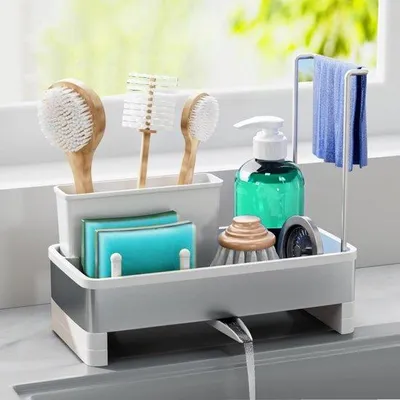 Productafbeelding van Ibenzoa® Keukenorganizer met 360° zelfdrainerende afvoer, wit, 25 x 12,5 x 23 cm, kunststof, met houder voor sponsen en afneembare handdoekhouder