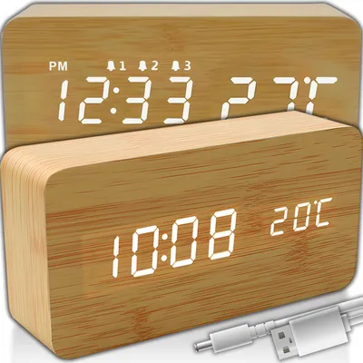 Produktbild von Digitaler Wecker Holz Holzoptik 3D LED Digital Digitaluhr Wanduhr Datum Temperatur 12h 24h USB Alarm Clock Schlafzimmer Büro Dimmbar Zeit Uhr Retoo