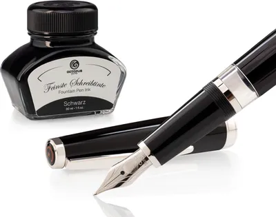 Produktbild von Füllhalter Set Cleo Skribent Classic Palladium Schwarz, Kolben-Füllhalter und 30 ml Tinte Schwarz