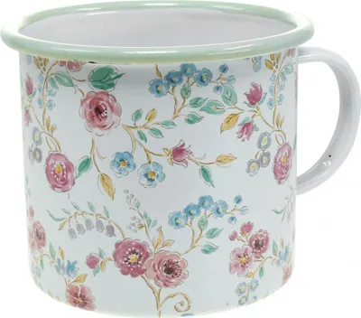 Produktbild von Pflanztasse Rosen Emaille Deko Tasse Weiß mit Henkel Ø9,5cm Nostalgie Vintage Blumentopf