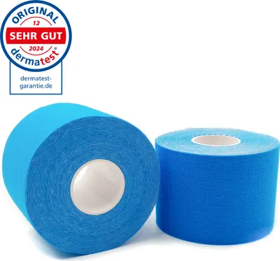 Two rolls of blue kinesiology tape are shown against a white background. A circular logo with text is in the upper left corner.