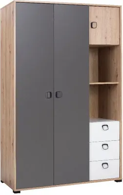 Produktbild von Kleiderschrank KEVIN 1 120 cm mit Türen und Schubladen Jugendzimmer Eiche Artisan +Weiß + Graphit
