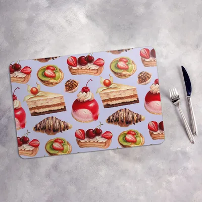 Produktbild von Tischset 6x45x30 cm Platzset Tischmatte Platzmatte Untersetzer - Desserts Erdbeere Hörnchen