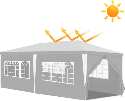 A gray tent with windows and curtains, under a sun icon with arrows indicating UV protection.