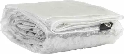 A rolled-up transparent tarp with grommets.