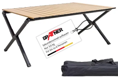 Produktbild von Grafner Campingtisch klappbar 89x58x43cm Holzoptik niedrige Ausführung, kleines Packmaß mit Tasche, stabil und tragbar, bis 50 kg, Kohlenstoffstahl, Rolltisch Klapptisch Picknick Tisch Holz