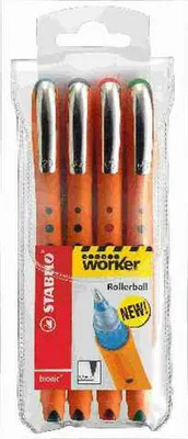 Zdjęcie produktu dla Rollerball - STABILO worker+ - średni - zestaw 4 sztuk - zielony, czerwony, niebieski, czarny