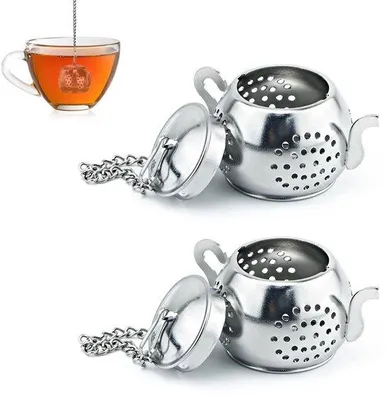 Productafbeelding van Twee stuks - Roestvrijstalen theefilter - Fijmazig theefilter - Met ketting - Theefilter voor losse thee - Roestvrijstalen theefilter - Infuseur - Fijmazig theefilter - Extra fijn filter - Roestvrijstalen theefilter - Theefilter