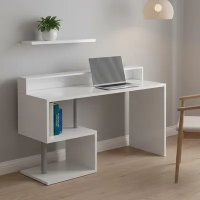 Produktbild von Schreibtisch Dcheryshe, linearer Schreibtisch mit Ablagefächern, Mehrzweck-Büroschreibtisch mit Platte, 140x60h93 cm, Weiß