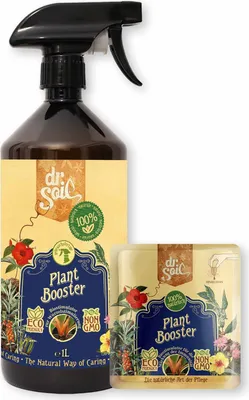 Produktbild von Satz mit Dr.Soil Plant Booster - Biostimulator mit Aminosäuren zur Stärkung der Pflanzenimmunität in 1-Liter-Kanister mit Sprühgerät + Nachfüllpackung konzentrierte Monodosen, für die Anwendung im Innen- und Außenbereich