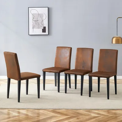 Produktbild von MODFU Esszimmerstuhl 4er-Set braun,Küchenstuhl mit schwarzen Metallbeinen und 47 cm hohe Rückenlehne,Bürostuhl,Loungesessel für Esszimmer