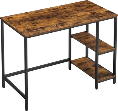 A vintage-style computer desk with shelves on a white background.
