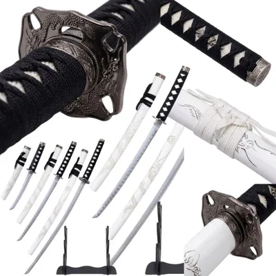 Image de Dragon blanc Katana-Wakizashi-Tanto Set avec support - Épées décoratives en acier au carbone, gravées à la main HK1101