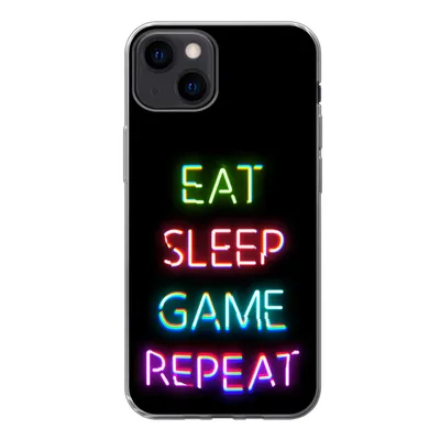 Produktbild von MuchoWow® Handyhülle Schutzhülle Hülle für iPhone 13 Gaming - Led - Zitat - Eat sleep game repeat - Gaming Silikon Softcase Handy Hülle - Karteninhaber