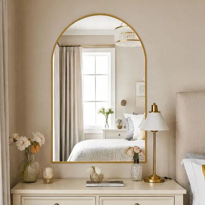 Produktbild von INONEFT Gewölbter Wandspiegel 91 x 61 cm, hochauflösender Kosmetikspiegel mit Aluminiumrahmen, für Badezimmer, Flure und Schlafzimmer, gold