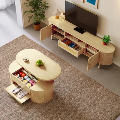 Produktbild von MODFU Couchtisch und TV-Schrank mit Rattan,Wohnzimmermöbel-Set mit abgerundete Kanten,Lowboard Wohnzimmertisch mit Stauraum ,TV-Sideboard und höhenverstellbarem Beistelltisch