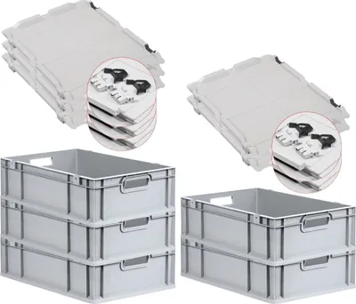 Produktbild von SuperSparSet 5x Eurobox NextGen Economy mit Scharnierdeckel und schwarzen Schiebeschnappverschlüssen | Griffe offen | HxBxT 17x40x60cm | 34 Liter | Eurobehälter, Transportbox, Transportbehälter, Stapelbehälter