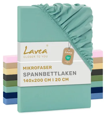 Zdjęcie produktu dla Lavea® Elastyczny pokrowiec na materac 140x200 cm, wykonany z mikrofibry, z gumką wszytą po obwodzie, przeznaczony do materacy o grubości do 20 cm, oddychający i zapewniający uczucie chłodu, łatwy w pielęgnacji, 1 sztuka, zapach eukaliptusa