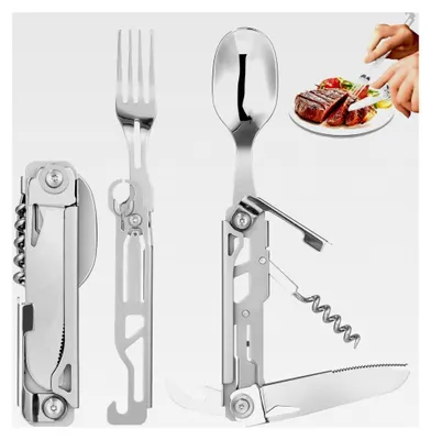 Produktbild von Edelstahl Besteck 5 in 1 Klappbesteck für Camping mit Gürteltasche, tragbares Outdoor Besteck für Picknick