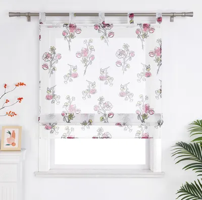 Produktbild von Joyswahl Raffrollo mit Schlaufen Voile Küche Gardinen mit roten Trompetenblüten modern Raffgardinen Transparent Weiß BxH 120x140cm