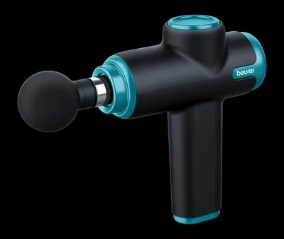 A black and teal massage gun is shown against a black background.