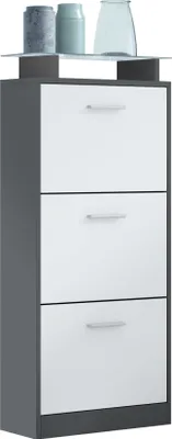 Produktbild von Vladon Schuhschrank Lavia V2, Schuhkipper für 12 Paar Schuhe mit 3 Klappen und Glasablage, Anthrazit matt/Weiß matt (46 x 128 x 23 cm)