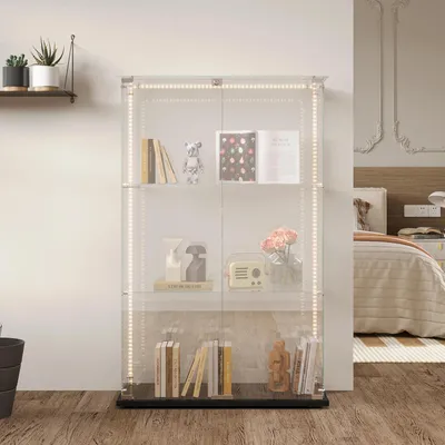 Zdjęcie produktu dla Szklana witryna – witryna wolnostojąca – listwa oświetleniowa LED – szkło hartowane – 3 półki – drzwi – kolor biały