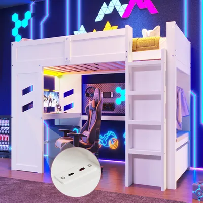Produktbild von Merax Etagenbett Hochbett 90x200cm, Gaming Bett Kinderbett mit Hoher Zaun, Schreibtisch, LED, USB, Typ-C, Schubladen, Kleiderständer, Stockbett, Weiß