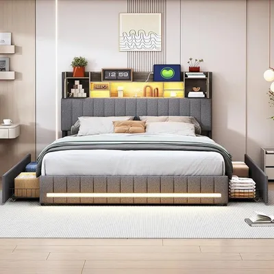 Immagine prodotto di Letto imbottito matrimoniale 160x200, struttura per letto matrimoniale 140x200, letto contenitore con 4 cassetti e testiera, letto con illuminazione LED e ricarica USB, tessuto in lino, senza materasso (160x200 cm)