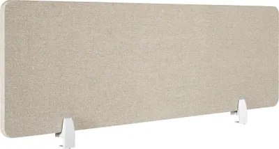 A beige fabric desk divider with white mounting clips is shown against a white background.