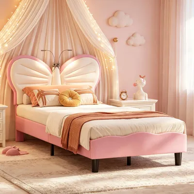 Produktbild von INONEFT Kinderbett 90x190 mit LED ,Einzelbett Polsterbetten mit lattenrost,Prinzessin für Mädchen,kinderbetten, Polyurethan(Rosa Schmetterling)