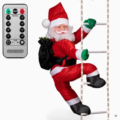 Produktbild von MONZANA® LED Weihnachtsmann Leiter XL 90cm für In-/Outdoor Timer 8 Leuchtfunktionen dimmbar Santa Claus Nikolaus Weihnachtsdeko Weihnachtsfigur, KI-generiertes Bild