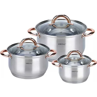 A set of three stainless steel pots with rose gold handles and lids, arranged on a white background.