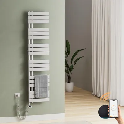 Image de S'AFIELINA – Sèche-serviette électrique 1599×400 mm avec thermostat WiFi, minuterie programmable et écran LCD, 800 W, blanc, idéal pour salle de bain