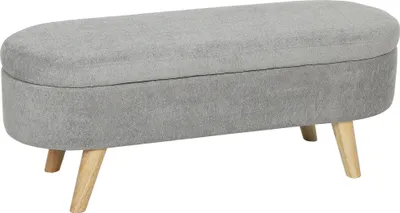 Image de Banquette au pied du lit - Banquette ovale/pouf - Velours Teddy - Assise rembourrée - Pieds en bois d'hévéa - Avec espace de rangement - 110x40x43 cm - Gris clair